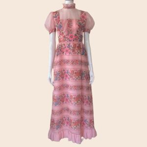 Vintage Pink Floral Victorian Style High Neck Maxi Dress Size Small
